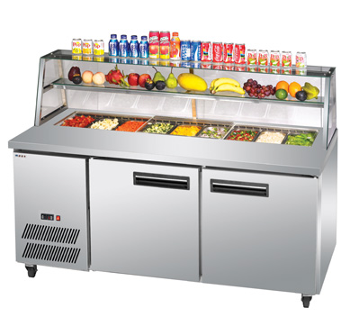 cold sandwich bar with glass canopy salad worktop counter chiller food preparation underbench fridge cooler